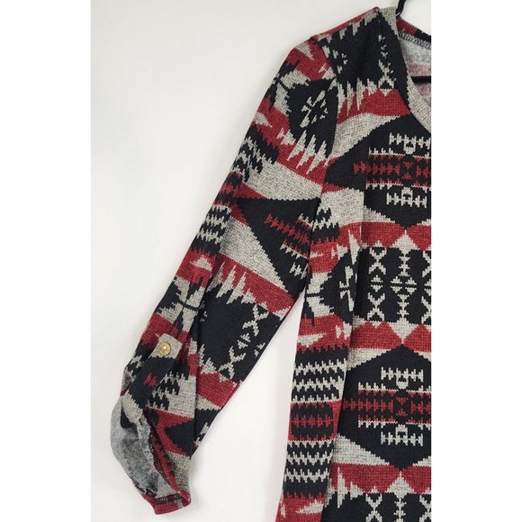 Pink Owl Sweater Womens Large Red Black GrayAztec Print Holiday Momcore Roll Tab - Picture 9 of 11